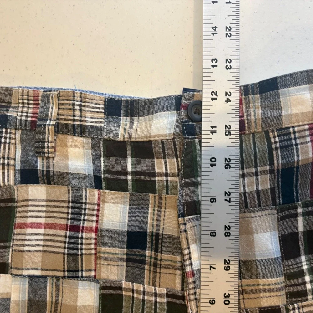 Chaps Mens Patchwork Plaid Shorts Brown Navy Blue Cotton Flat Front Size 33